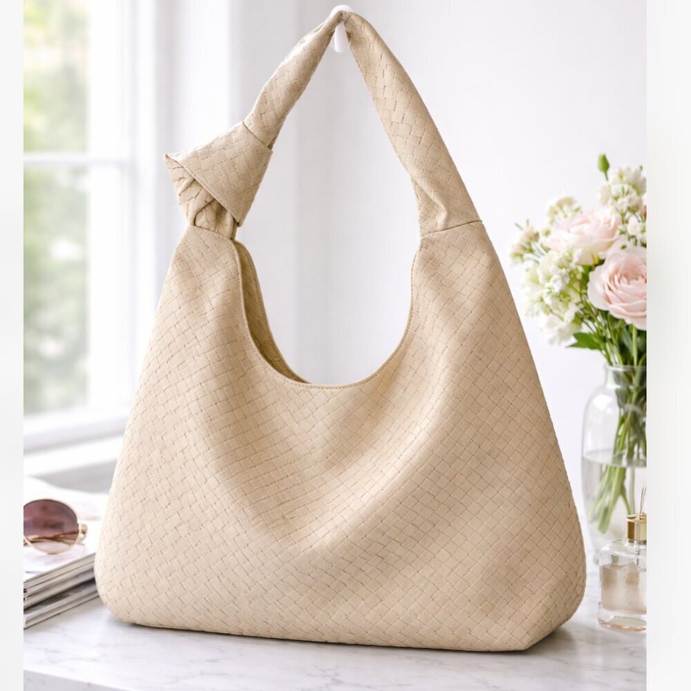 NEW Cream Woven Hobo Bag Soft Slouchy Shoulder Purse Neutral
